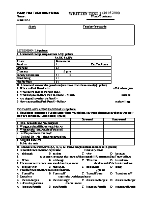 Đề kiểm tra 1 tiết số 1 môn Tiếng Anh Lớp 9 (Thí điểm) - Năm học 2015-2016 - Trường THCS Dương Phúc Từ (Có đáp án)